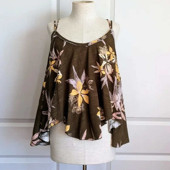 Free People Tank Top Floral Print Cotton  Sleeveless Draped Olive Combo M NWT - Picture 3 of 12